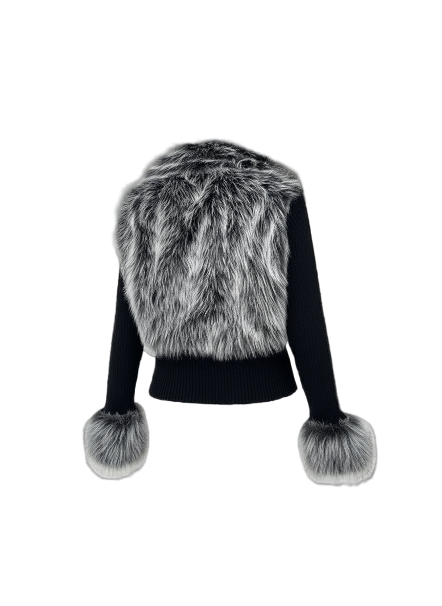 Women'S Fashion Street Style Patchwork Knit Faux Fur Jacket, Zipper Long Sleeve Coat, Fall & Winter Thick Fabric, Casual Wear