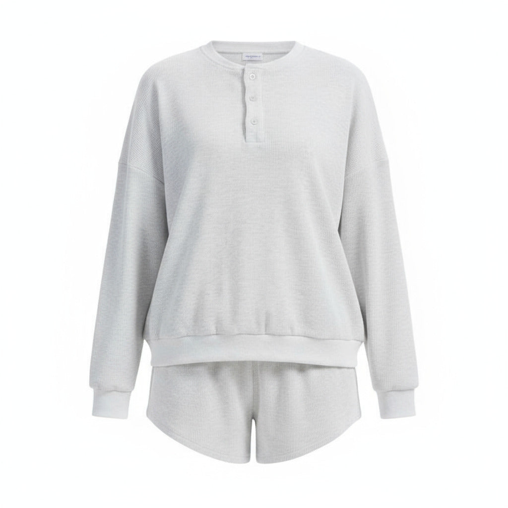 Anotherchill Women'S Oversized Waffle Knit Lounge Set – Long Sleeve Henley Sweatshirt and High Waisted Shorts 2 Piece Casual Outfit