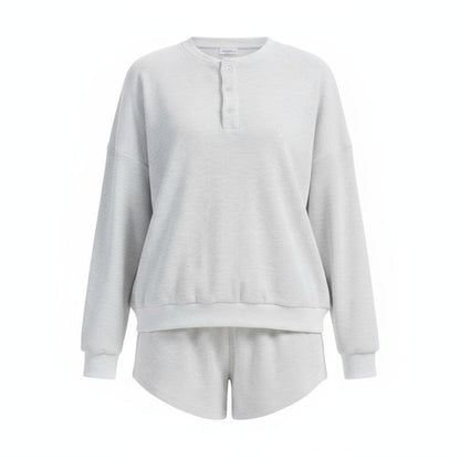 Anotherchill Women'S Oversized Waffle Knit Lounge Set – Long Sleeve Henley Sweatshirt and High Waisted Shorts 2 Piece Casual Outfit