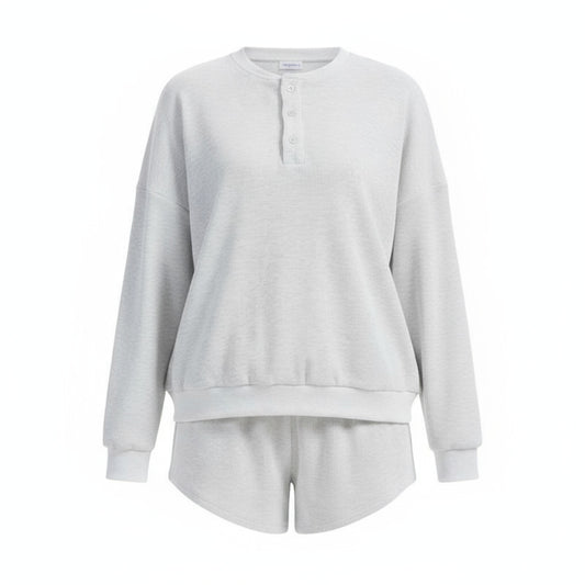 Anotherchill Women'S Oversized Waffle Knit Lounge Set – Long Sleeve Henley Sweatshirt and High Waisted Shorts 2 Piece Casual Outfit