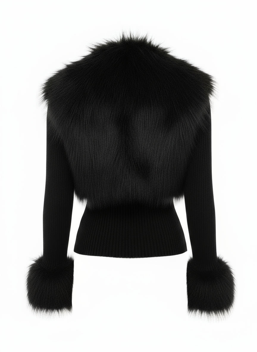 Women'S Fashion Street Style Patchwork Knit Faux Fur Jacket, Zipper Long Sleeve Coat, Fall & Winter Thick Fabric, Casual Wear