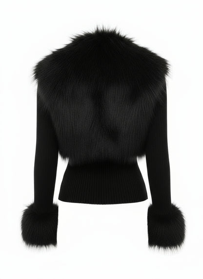 Women'S Fashion Street Style Patchwork Knit Faux Fur Jacket, Zipper Long Sleeve Coat, Fall & Winter Thick Fabric, Casual Wear