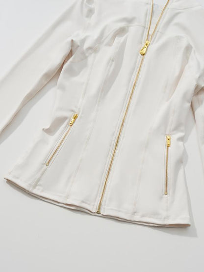 Golden Zipper Women's Sporty Jacket with Gardenia Fragrance and Leggings, Featuring Pockets and Thumbholes for Casual Wear