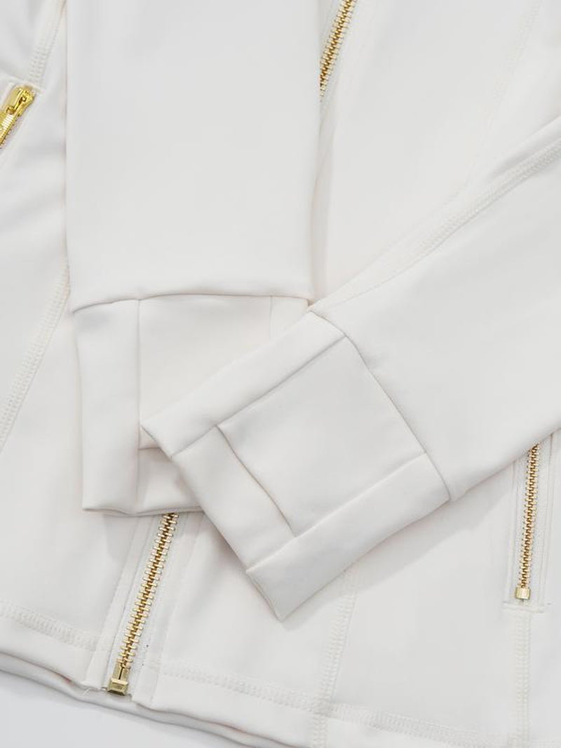 Golden Zipper Women's Sporty Jacket with Gardenia Fragrance and Leggings, Featuring Pockets and Thumbholes for Casual Wear