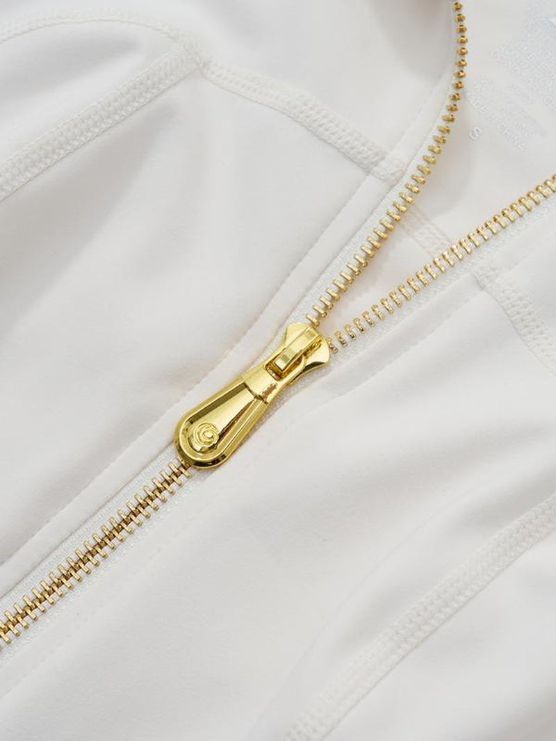 Golden Zipper Women's Sporty Jacket with Gardenia Fragrance and Leggings, Featuring Pockets and Thumbholes for Casual Wear