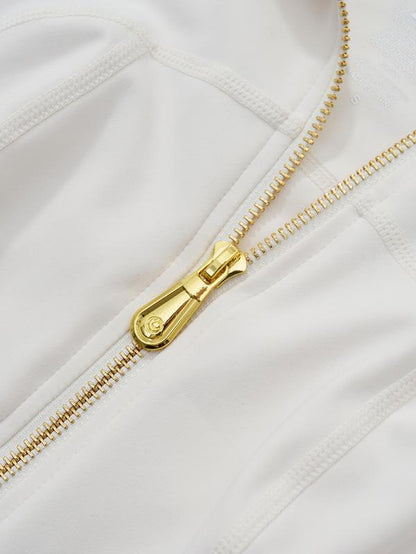 Golden Zipper Women's Sporty Jacket with Gardenia Fragrance and Leggings, Featuring Pockets and Thumbholes for Casual Wear