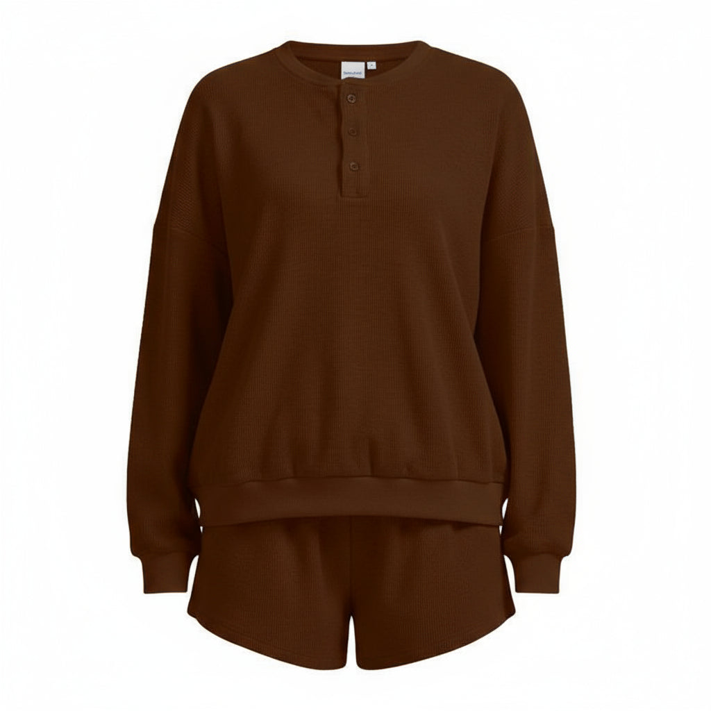 Anotherchill Women'S Oversized Waffle Knit Lounge Set – Long Sleeve Henley Sweatshirt and High Waisted Shorts 2 Piece Casual Outfit