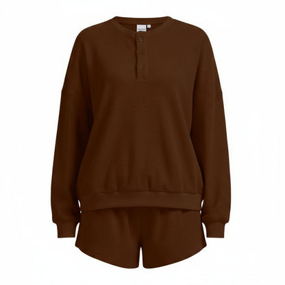 Anotherchill Women'S Oversized Waffle Knit Lounge Set – Long Sleeve Henley Sweatshirt and High Waisted Shorts 2 Piece Casual Outfit