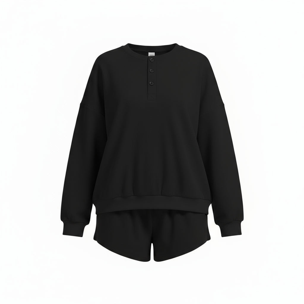 Anotherchill Women'S Oversized Waffle Knit Lounge Set – Long Sleeve Henley Sweatshirt and High Waisted Shorts 2 Piece Casual Outfit