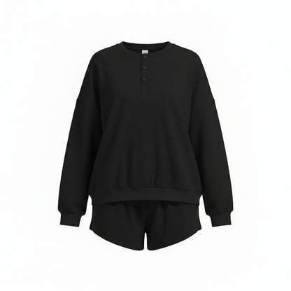 Anotherchill Women'S Oversized Waffle Knit Lounge Set – Long Sleeve Henley Sweatshirt and High Waisted Shorts 2 Piece Casual Outfit