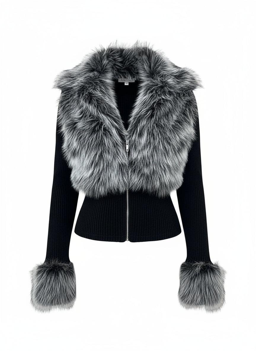 Women'S Fashion Street Style Patchwork Knit Faux Fur Jacket, Zipper Long Sleeve Coat, Fall & Winter Thick Fabric, Casual Wear