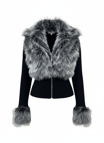 Women'S Fashion Street Style Patchwork Knit Faux Fur Jacket, Zipper Long Sleeve Coat, Fall & Winter Thick Fabric, Casual Wear