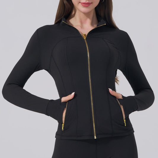 Golden Zipper Women's Sporty Jacket with Gardenia Fragrance and Leggings, Featuring Pockets and Thumbholes for Casual Wear