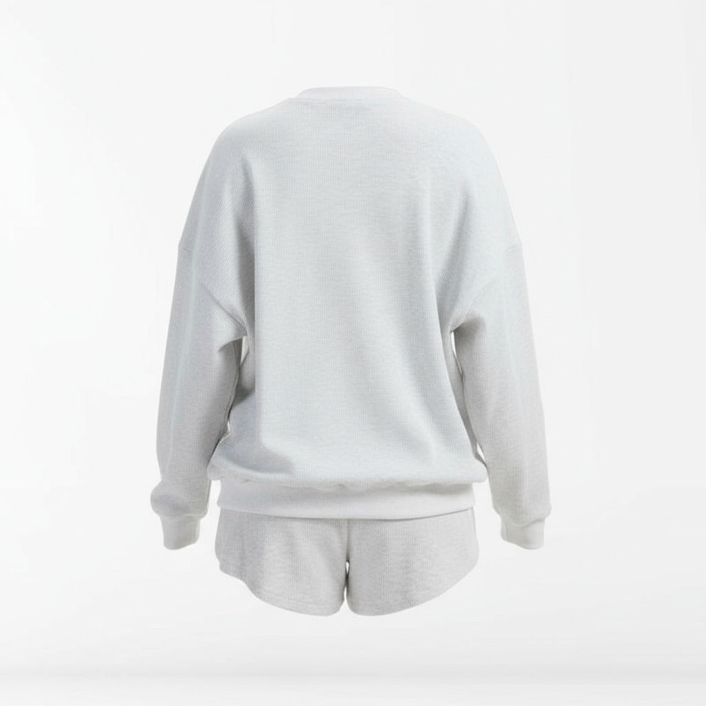 Anotherchill Women'S Oversized Waffle Knit Lounge Set – Long Sleeve Henley Sweatshirt and High Waisted Shorts 2 Piece Casual Outfit