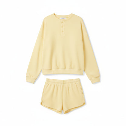 Anotherchill Women'S Oversized Waffle Knit Lounge Set – Long Sleeve Henley Sweatshirt and High Waisted Shorts 2 Piece Casual Outfit