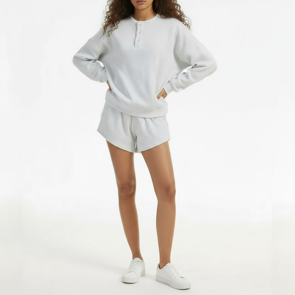 Anotherchill Women'S Oversized Waffle Knit Lounge Set – Long Sleeve Henley Sweatshirt and High Waisted Shorts 2 Piece Casual Outfit
