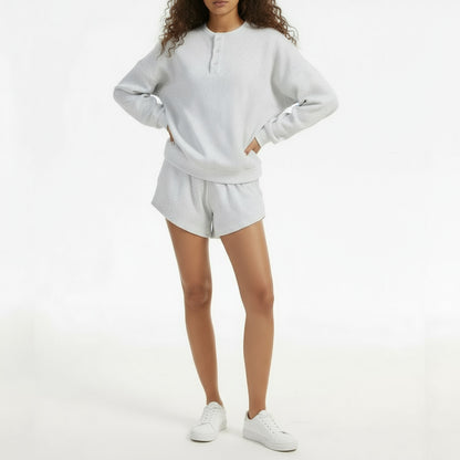 Anotherchill Women'S Oversized Waffle Knit Lounge Set – Long Sleeve Henley Sweatshirt and High Waisted Shorts 2 Piece Casual Outfit