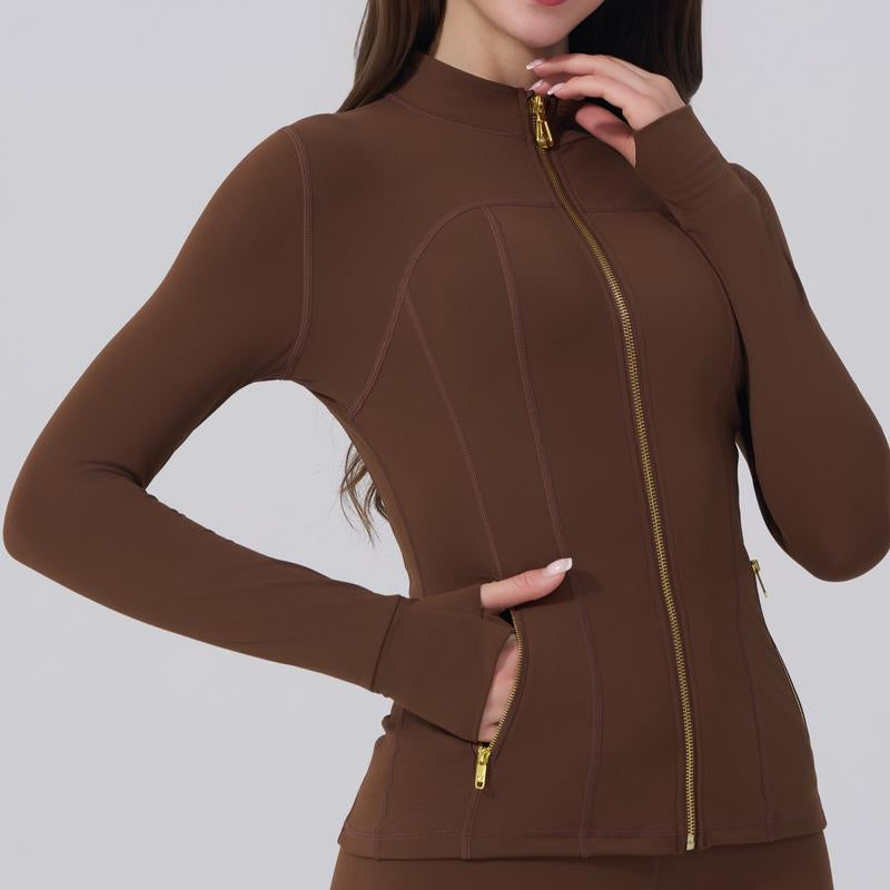 Golden Zipper Women's Sporty Jacket with Gardenia Fragrance and Leggings, Featuring Pockets and Thumbholes for Casual Wear