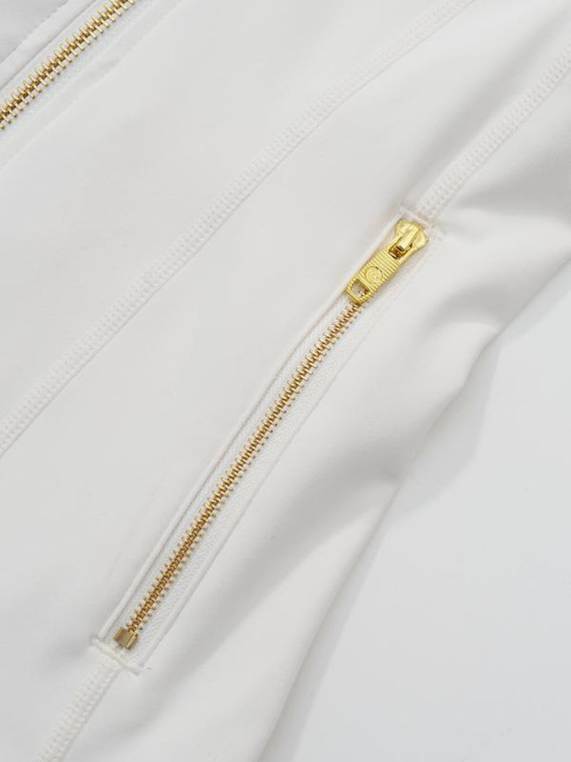 Golden Zipper Women's Sporty Jacket with Gardenia Fragrance and Leggings, Featuring Pockets and Thumbholes for Casual Wear