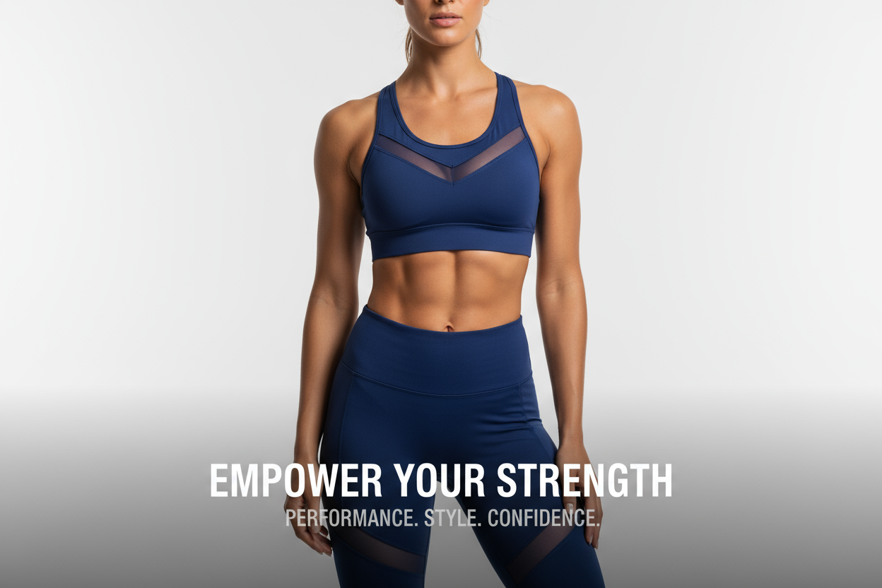 Create a Banner with a Woman who Models for Fitness clothing. Add natural body contour under clothing for realistic fashion presentation, keep same outfit and pose