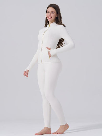 Golden Zipper Women's Sporty Jacket with Gardenia Fragrance and Leggings, Featuring Pockets and Thumbholes for Casual Wear