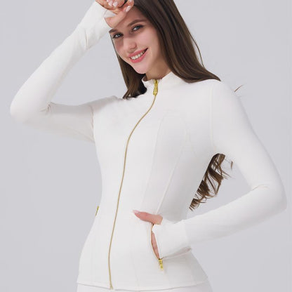 Golden Zipper Women's Sporty Jacket with Gardenia Fragrance and Leggings, Featuring Pockets and Thumbholes for Casual Wear