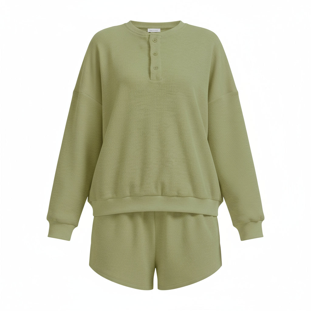 Anotherchill Women'S Oversized Waffle Knit Lounge Set – Long Sleeve Henley Sweatshirt and High Waisted Shorts 2 Piece Casual Outfit