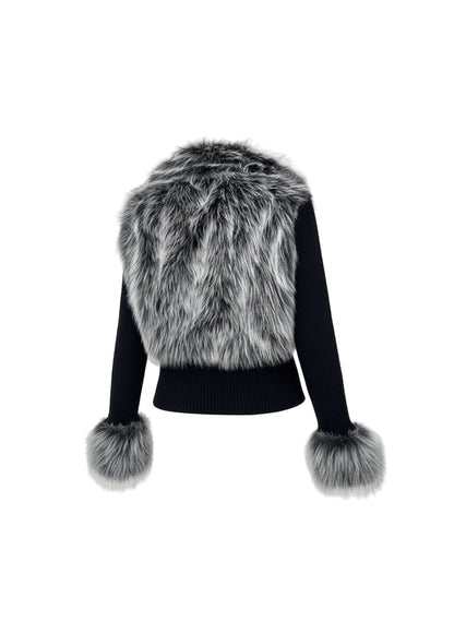 Women'S Fashion Street Style Patchwork Knit Faux Fur Jacket, Zipper Long Sleeve Coat, Fall & Winter Thick Fabric, Casual Wear